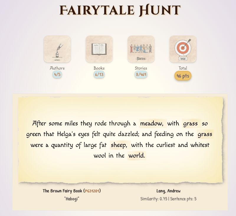 A screen cap of a fairytale text snippet in a UI for a small web game.