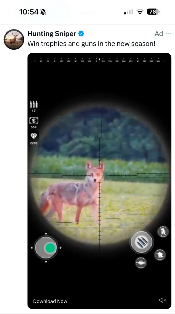 Ad for “Hunting Sniper” game showing a sniper scope targeting a coyote in a grassy field, with game controls and stats visible.