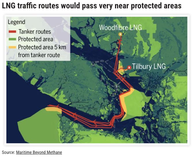 Map shows LNG tanker routes and their proximity to protected marine areas