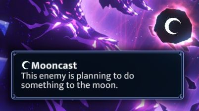 A portion of a screenshot from the game Moonsigil Atlas showing the enemy's intended move for the next turn, represented by a crescent moon shape, with an explanatory dialog box saying "This enemy is planning to do something to the moon."
