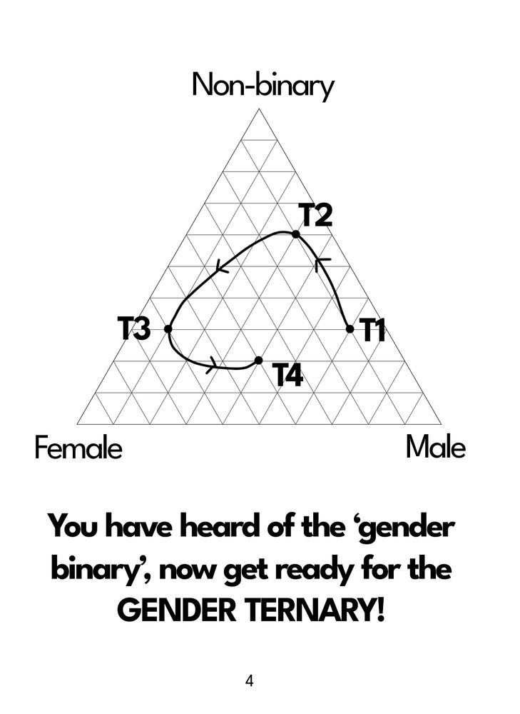 Page 4

A ternary diagram with corners labeled non-binary, female, male. A line with arrows shows changing proportions over time. Bold text at bottom reads "You have heard of the 'gender binary', now get ready for the GENDER TERNARY"