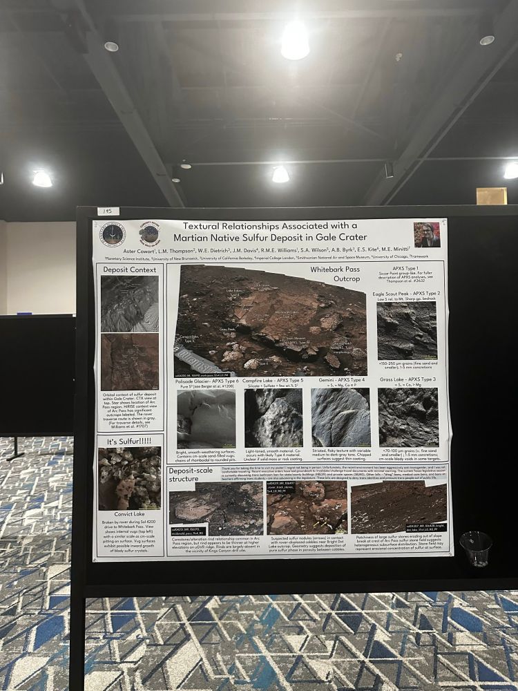 A poster in the LPSC hall. The poster is titled "Textural Relationships Associated with a Martian Native Sulfur Deposit in Gale Crater". A context map shows the location of the deposit in Gediz Vallis. A large photo shows a zoned block with a tan interior and a gray, crusty rim. It is surrounded by MAHLI photos from the deposit, showing rock textures at micron to millimeter scales. The interior of the block has granular textures resembling typical Gale Crater bedrock. The outer zone has grayish and whitish coatings. Elemental sulfur stones scattered around the block have a smooth, light appearance. A wider view of a crushed elemental sulfur rock shows internal voids and possible crystal growths. Photos from various locations on the outcrop show a vertical drop-off in sulfur stone abundance and sulfur-rich alteration textures. Some observations also suggest that the elemental sulfur was emplaced within porosity existing within the upper Gediz Vallis ridge deposit. These suggest sulfur was emplaced primarily near the base of the channel, likely through a "bottom-up" mechanism.