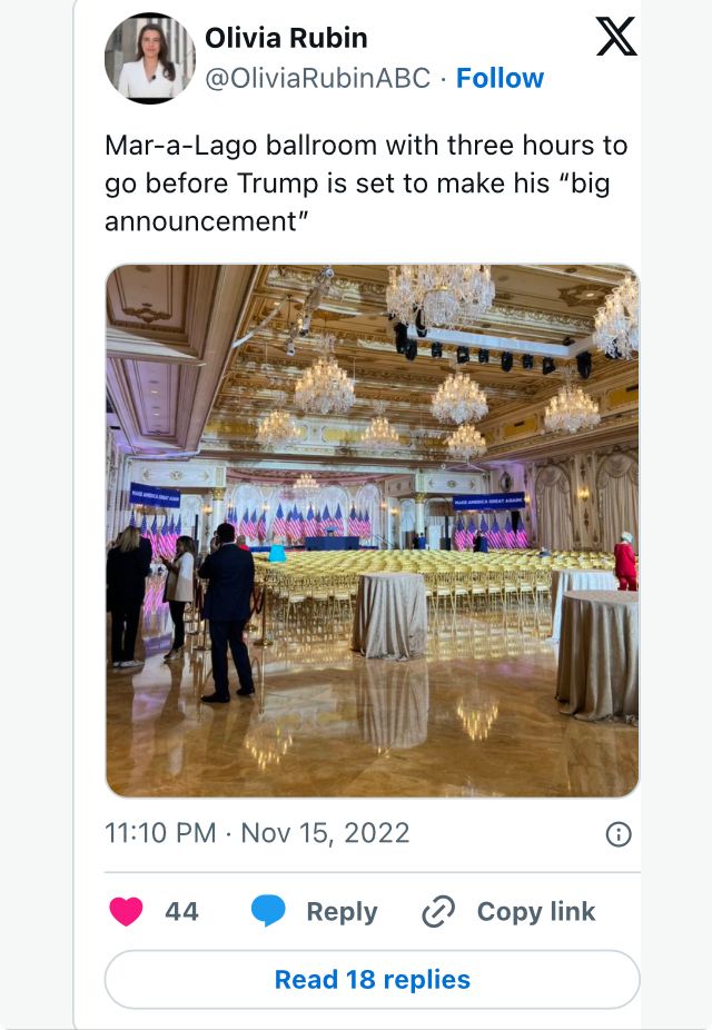 Post showing the awful state of the Mar-a-lago ballroom only hours before a Presidential announcement 