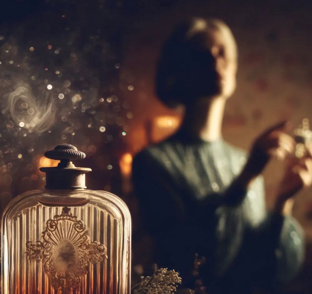 A vintage perfume bottle glows in soft light as a blurred woman in the background lifts her hand—mystery shimmering in the air.