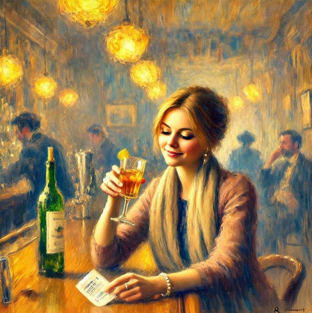 This image portrays a warmly lit, impressionistic scene of a young woman sitting at a bar. She has blonde hair tied back, wears elegant attire, and is holding a drink in one hand while gazing at it contentedly. The bar’s ambiance is lively, with glowing lamps and blurred figures in the background, creating a cozy and inviting atmosphere.