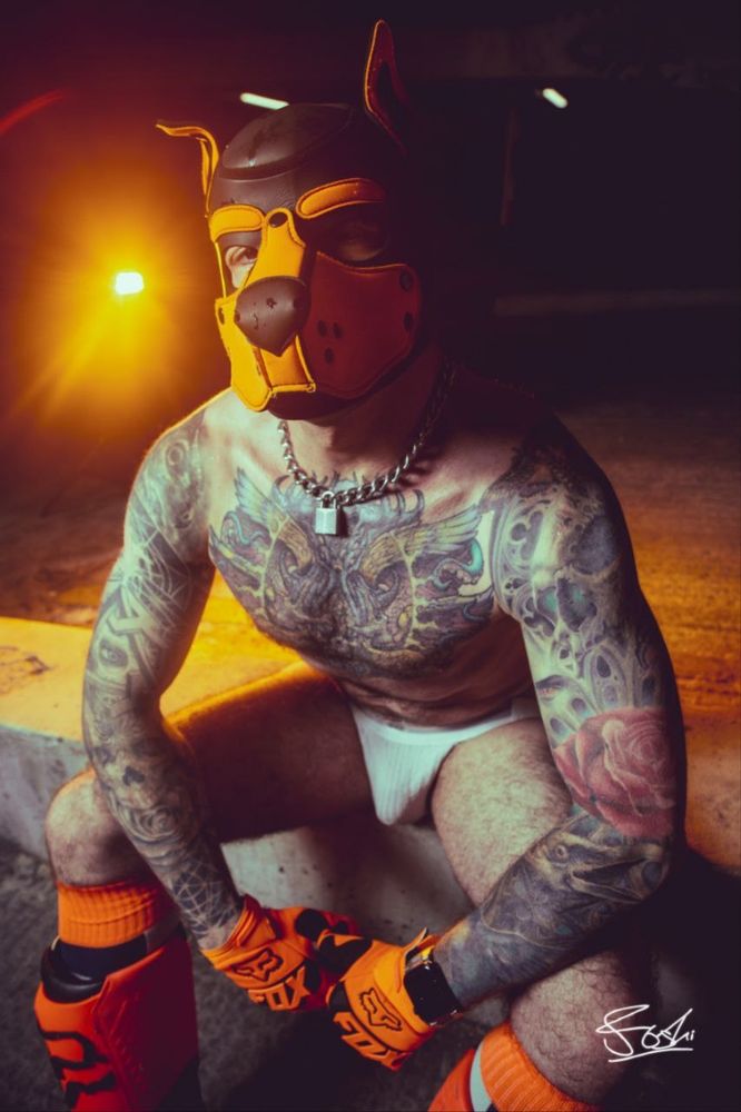 Muscular human pup with visible tattoos, orange MX gloves, white jock and orange MX boots .