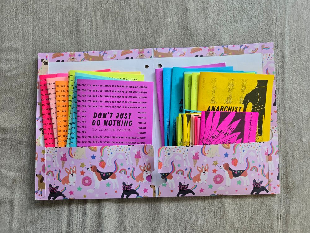 The same zines in a folder that is pink with cute illustrations of dogs