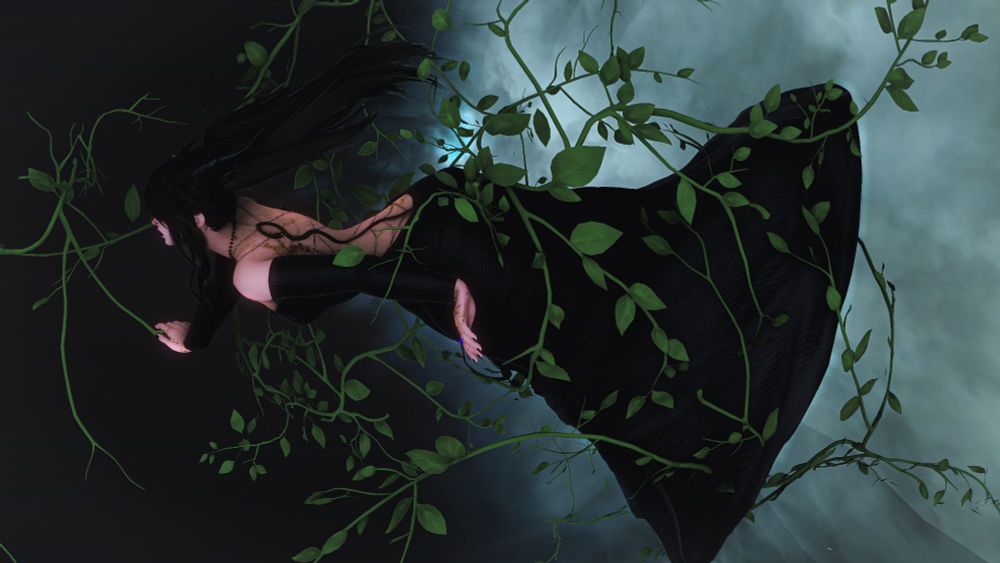 Midlander female tangled in vines, floating out of a smoky portal
