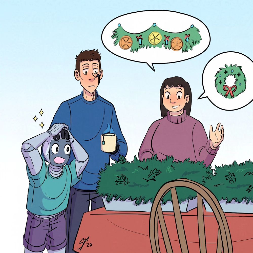 A middle aged woman stands at a table covered in loose pine branches, describing for a tired young man holding a mug of tea, and a very excited android that the sprigs are for making decorative wreaths/garlands.