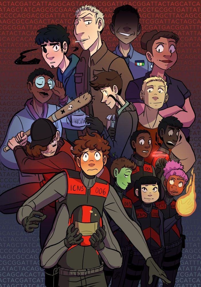 A cover design with an ensemble of characters: In the very front, a tall young man with a heart-shaped face and dark curly hair, wearing a red and black military uniform, reacts anxiously to something off-screen. He has four arms, and holds a helmet close to his chest. To his left stack people affiliated with the uniform--his teammates, who have their own special abilities, and his superiors who range from confident, to sympathetic, to sinister. To his right are members of the rebellion, opponents to the uniform, intense and mysterious, one of whom appears to have an ability of their own. Everything is complicated, nothing is as it appears to be, and the central young man is caught in the middle of it.