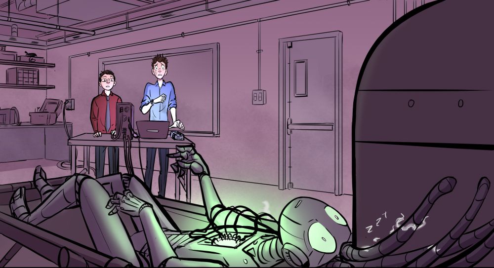 In a dim lab, a robot convulses as it comes to life, covered in glowing, sparking wires, its eyes wide open but unfocused. At the back of the room, two men stand at a makeshift control center. One is much more emotional than the other. He's trying to save his friend. He needs this to work.