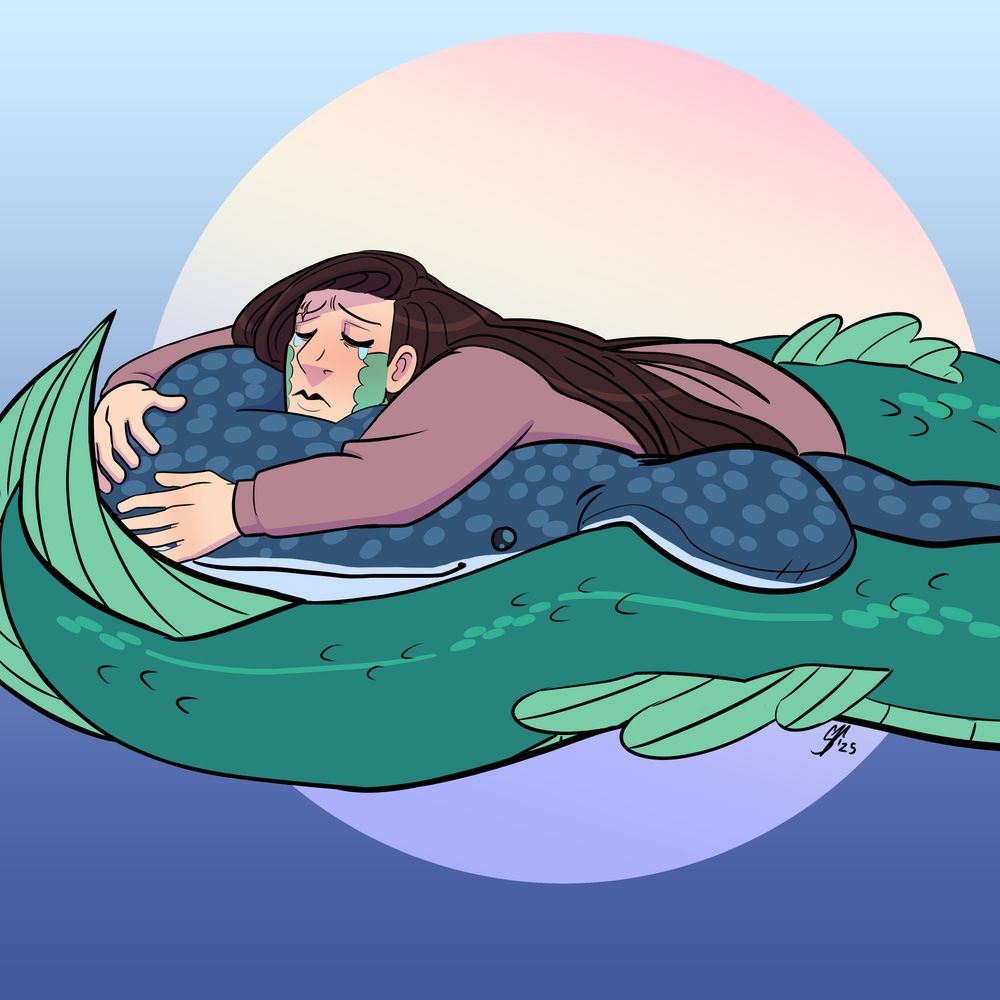 A serpentine mermaid with long brown hair and blue-green scales with a scar through his right eyebrow wears a cozy sweatshirt and lies on top of an enormous whale shark plushie. He hugs it with his arms as well as has his tail wrapped around it for emotional support. His eyes are closed, his expression tired, with small tears at his cheeks.
