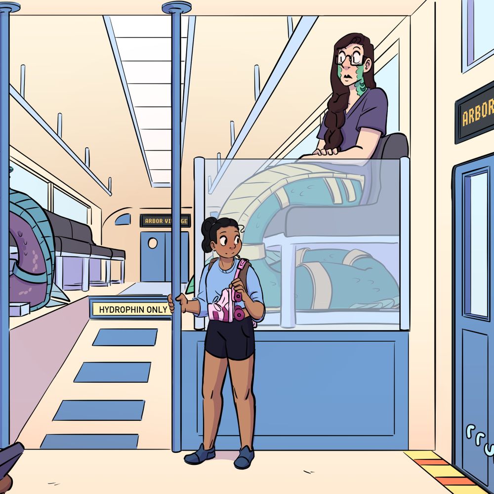 A human and a hydrophin (a large, serpent-like semi-terrestrial mermaid) are on a light rail train headed into the city. The human has rollerskates with her and the hydrophin is socially anxious but very curious. He's never seen or experienced most of the things he'll be exploring today.