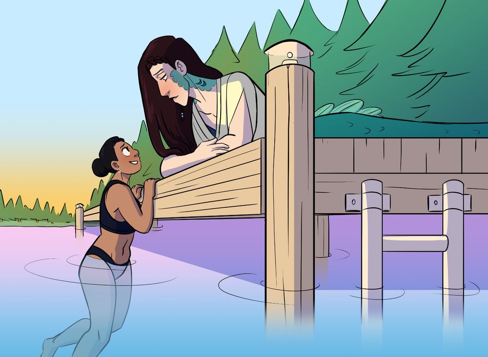 A mermaid and human talk with each other, one on the dock, the other in the water, but the roles are reversed. The human is the one in the water, the mermaid on the dock. It's a reunion of old friends, long separated.