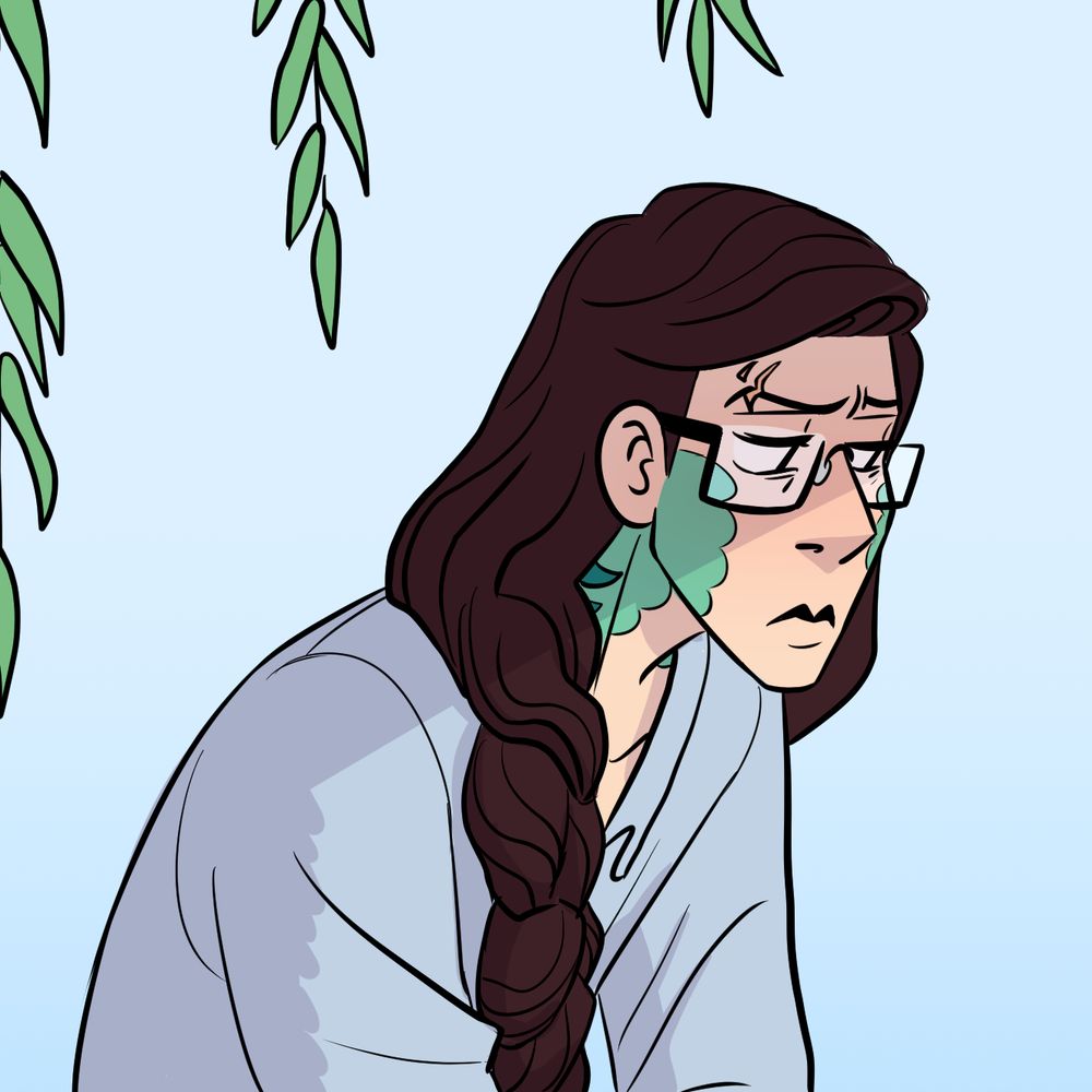 A semi-terrestrial mermaid--late 20's in age, blue-green scales, glasses, long brown hair in a loose braid over one shoulder, a scar through his right eyebrow-- sits under a willow tree in a graveyard. His gaze is averted as he processes some complex emotions surrounding family, grief, and trauma.