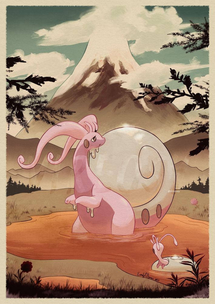 Pokémon fanart of Hisuian Goodra in the muddy pools atop the Ancient Quarry in the Coronet Highlands, rendered in a warm orangey vintage palette. It looks over its shoulder and to the right with its permanently droopy-eyed expression. Dark silhouettes of pine branches frame the piece while Mount Coronet looms in the background, its top obscured by thick white clouds. Near the bottom right, a Hisuian Sliggoo looks toward the Hisuian Goodra.