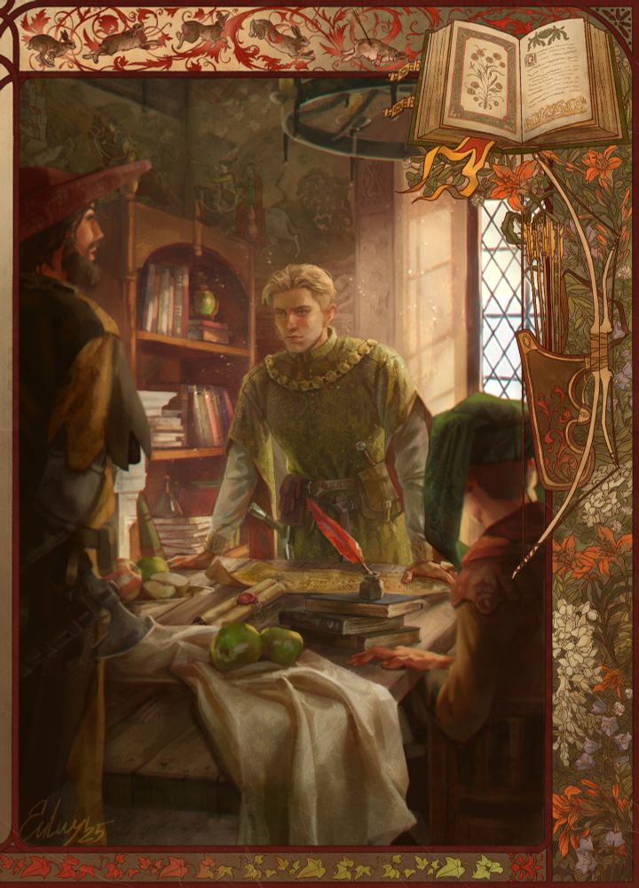 Illustration of Hans Capon from Kingdom come deliverance 2 game stylized as an old book illustration. In the work itself Hans stands leaning on a table, he is in the middle of a dialog with two men. One noble man is sitting on a chair, he is turned towards Hans, the other is guard, he stands with his hands folded behind his back and listens. Hans looks tense and stern, he is dressed in an deep green robe with floral patterns, gloves and a dagger pouch hang from his belt, and a sword hangs to his right. On top of his robe is a gold massive necklace. A map is spread out in front of him, he holds it down with his left hand. On the table is a stack of books, a plate of fruit, a scroll and an inkwell with a red quill inside. The whole work is framed by a frame with flowers on the side, running hares inside a pattern on top, and curly ivy at the bottom. And in the upper right edge is depicted an open book, under it intertwined in flowers bow and quiver with arrows are depicted. The piece is done in the warm colors of the golden hour.