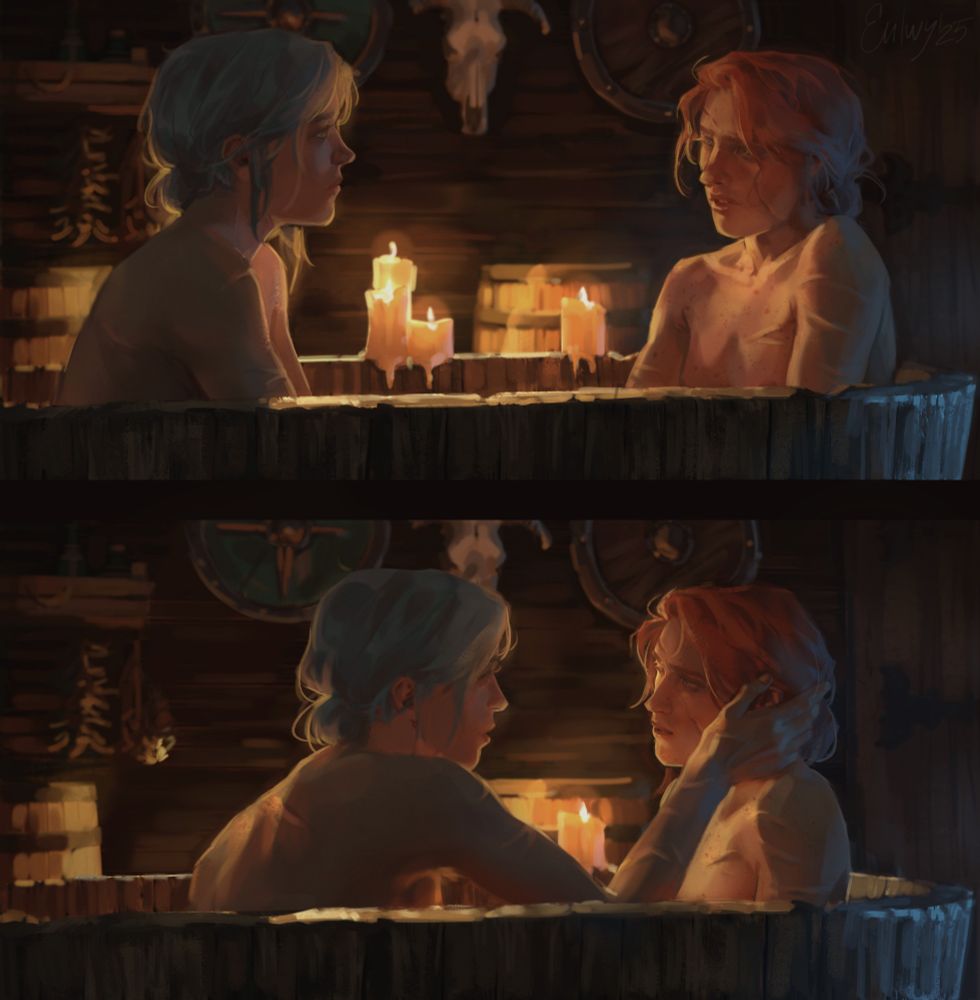 Digital illustration with Cirilla from "The Wither" games and my original character Wanda. Art depicts them sitting in a bathtub together in the night. Wanda looks a little anxious and blushing. The room they are in is illuminated by the faint glow of candles. On the wall behind them hangs an animal skull, shields, shelves with various potions and drying herbs. There are also several barrels behind them. In the first frame, they are sitting and Ciri is looking at Wanda expectantly. In the second frame, Ciri leans over and reaches out to brush a lock of hair out of Wanda's face. Their bodies are covered with lot's of scars. The mood in the drawing is romantic and warm. The work is done in dark but warm orange-yellow colors. 