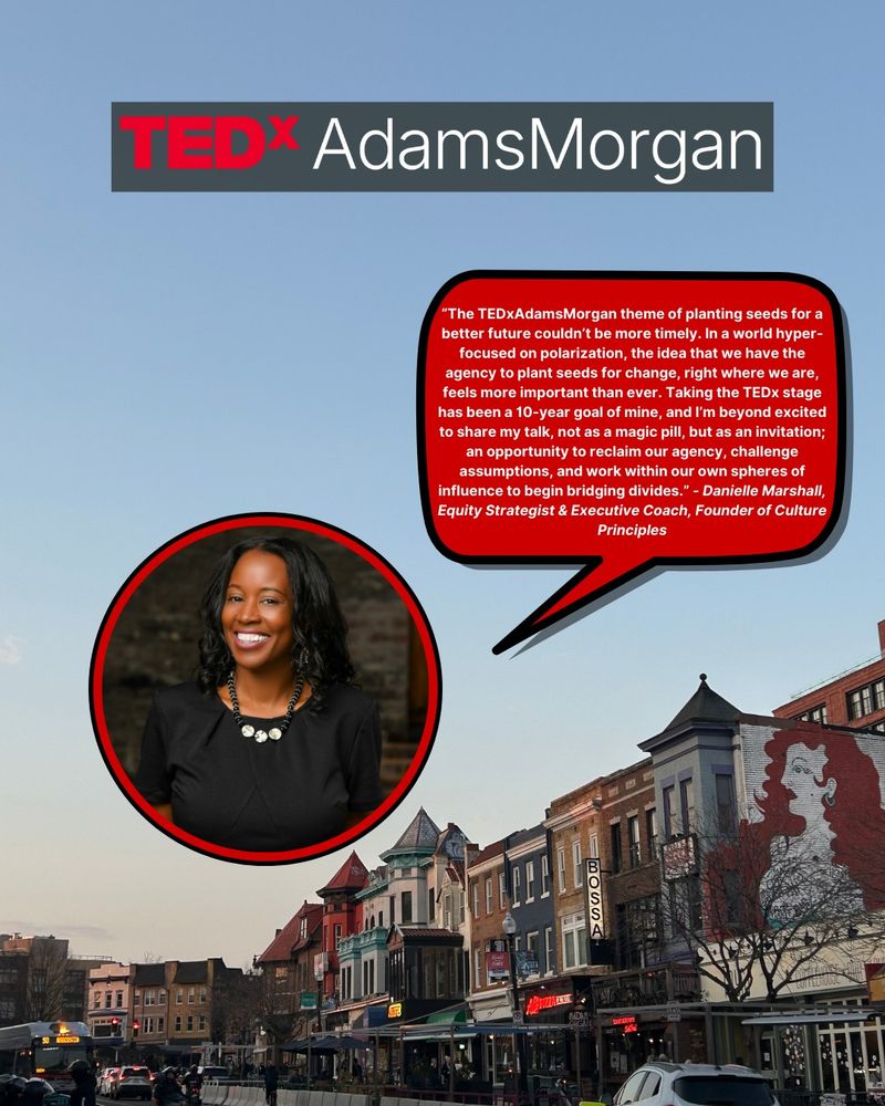 Danielle Marshall smiling warmly next to her quote about bridging divides, placed against an image of Adams Morgan neighborhood under a clear sky backdrop.