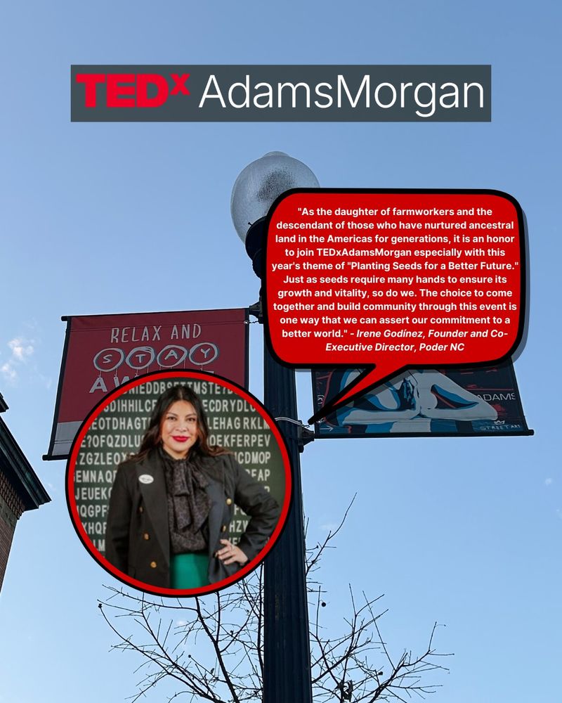 Irene Godínez confidently smiling alongside her quote on community and heritage, set against the Adams Morgan street view and clear sky.