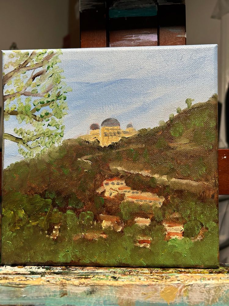 10”x10” oil painting of the East Hollywood Hills in Los Angeles. You can see the Griffith Observatory off in the distance on this early spring day.   