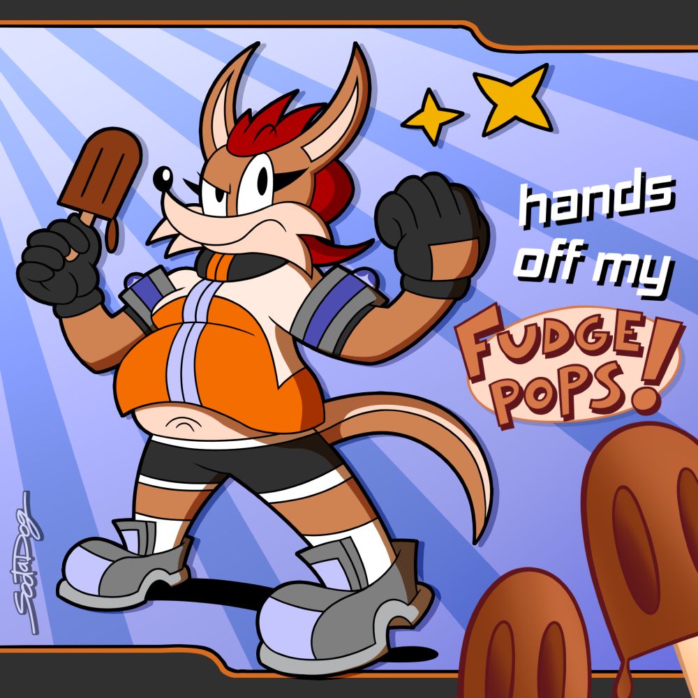 Julie holding a fudge pop while in a fighting stance, threatening to beat up anyone if they steal her fudge pop, with the text "hands off my fudge pop!"