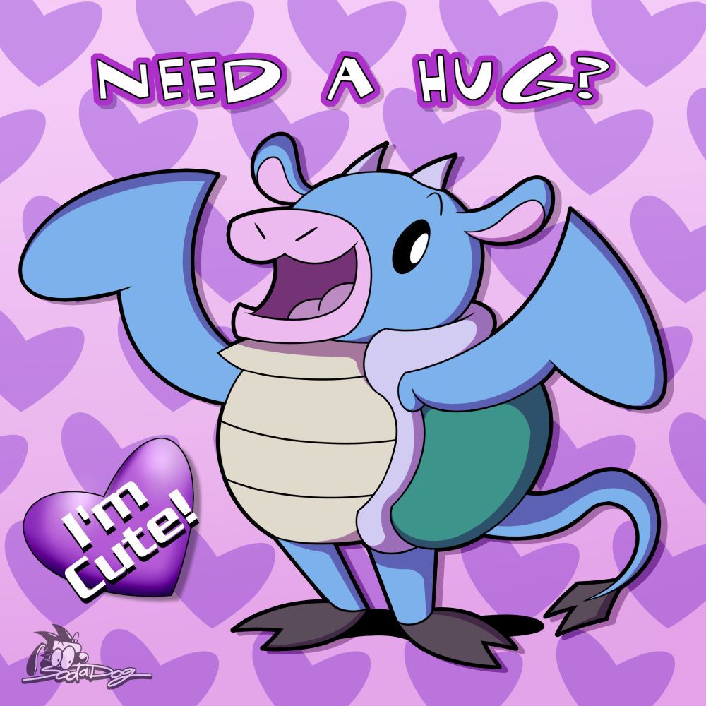 Taurtle, spreading out its arms and offering the fourth wall a hug behind a heart-shaped background.