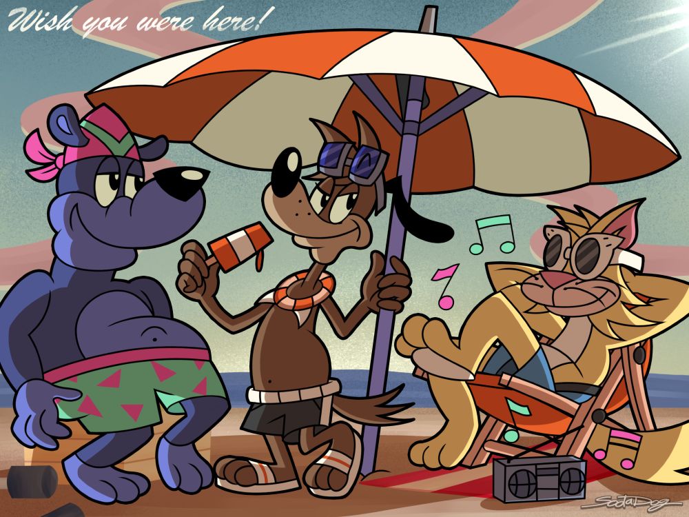 Pulpitt, SodaDog and Electronikat (left to right) relaxing under a big beach umbrella, with weights, a wooden crate, beach mat and a radio with music notes, in the middle of a green sunset complete with drastic shading.