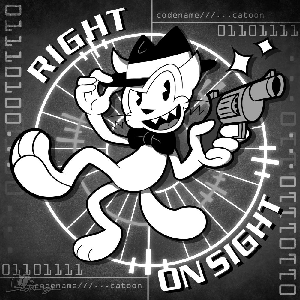 Catoon leaping into action with a revolver in hand, in black and white, combining the 1920s noir and 90s/2000s spy aesthetic.