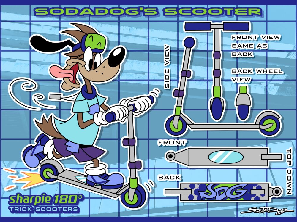 A reference sheet of SodaDog in his scooter, including SodaDog riding the scooter, and with front, side and top-down views of the scooter itself under an early 2000s-inspired background.