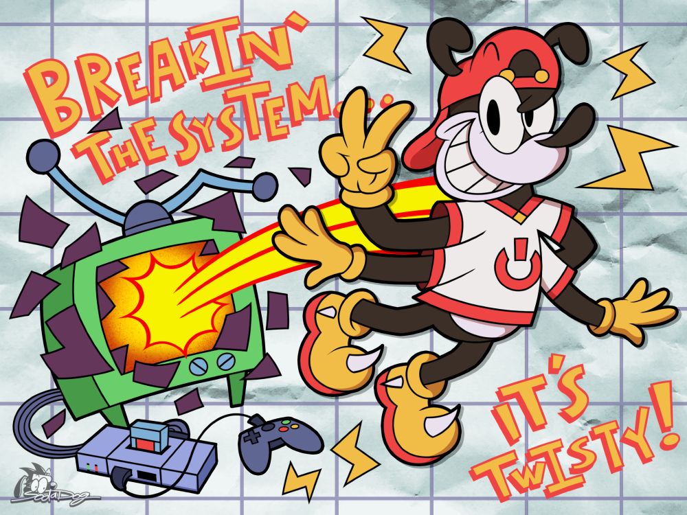 Twisty flying out of a television, attached to a console and a controller while said television is starting to explode and shatter with shards from the screen, where he is actually "Breaking the system".