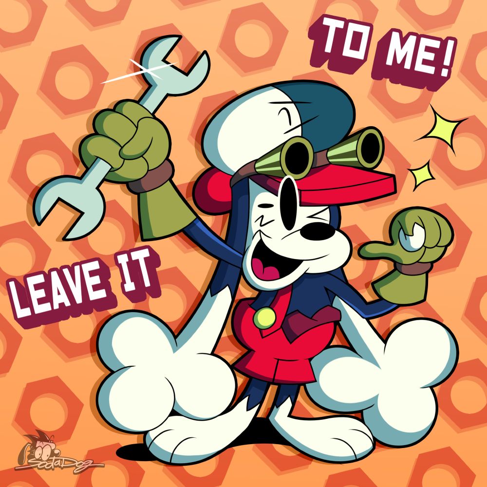 Socks holding out a spanner wrench to the fourth wall, be living he can handle any problem with the text saying "Leave it to me!" behind a mechanical-themed background.