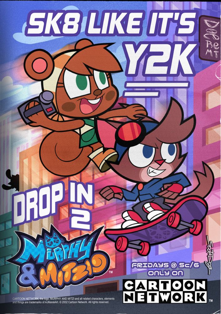 A fake magazine print advertisement of Murphy riding a skateboard, with Mitzi on top, holding a camcorder (with the lens cap on) on the street of a cityscape.