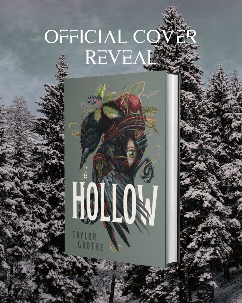 A photo of trees with the cover of HOLLOW under "official cover reveal"
