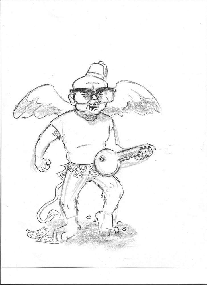 A sketch of a landlord with beast-like legs, a long tail, and wings. Money is tucked under his shirt and underneath his big feet. He looks angry and has huge glasses on. In his hand is a giant key which symbolizes the grotesque “cash for keys” scam that many tenants have been coerced into.