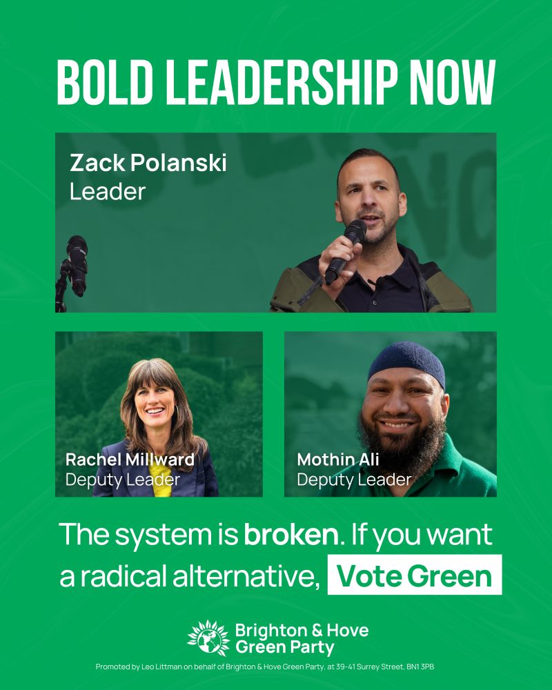 Bold leadership now in bold text at top of Green background graphic. Pictures of Zack Polanski (leader), Rachel Millward (Deputy Leader) and Mothin Ali (Deputy Leader). Text: The system is broken. If you want a radical alternative, vote Green. Brighton and Hove Green Party. 