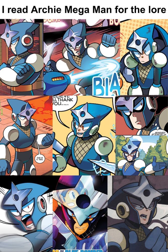 A collage of Archie Comics!Shadow Man with the quote above saying "I read Archie Mega Man for the lore"