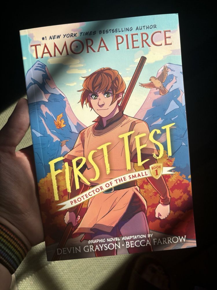 my hand holding a copy of the new graphic novel version of Tamora Pierce's book First Test