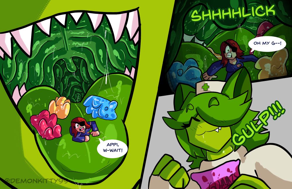 Appi, oblivious to Vanessa struggle, enjoy her gummy bears treats, swallowing the whole ordeal with an extra passenger, the overwhelming amount of sugar hiding Vanessa taste.
