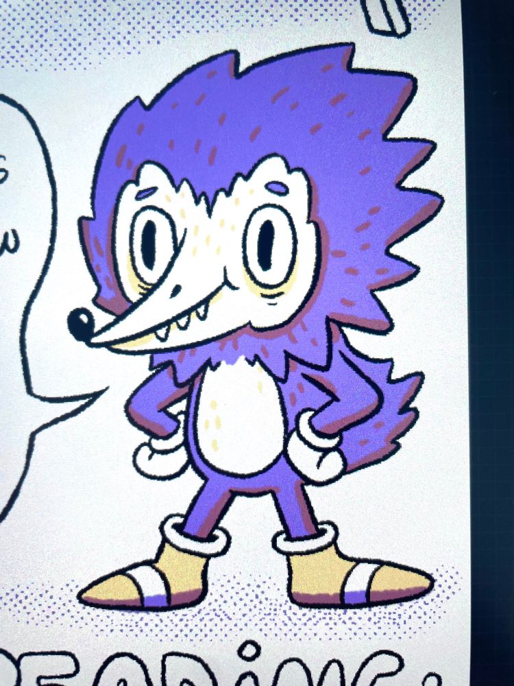 A strange cartoon drawing that might be Sonic the hedgehog. He isn’t drawn correctly… the snout is big and he has more teeth than usual.