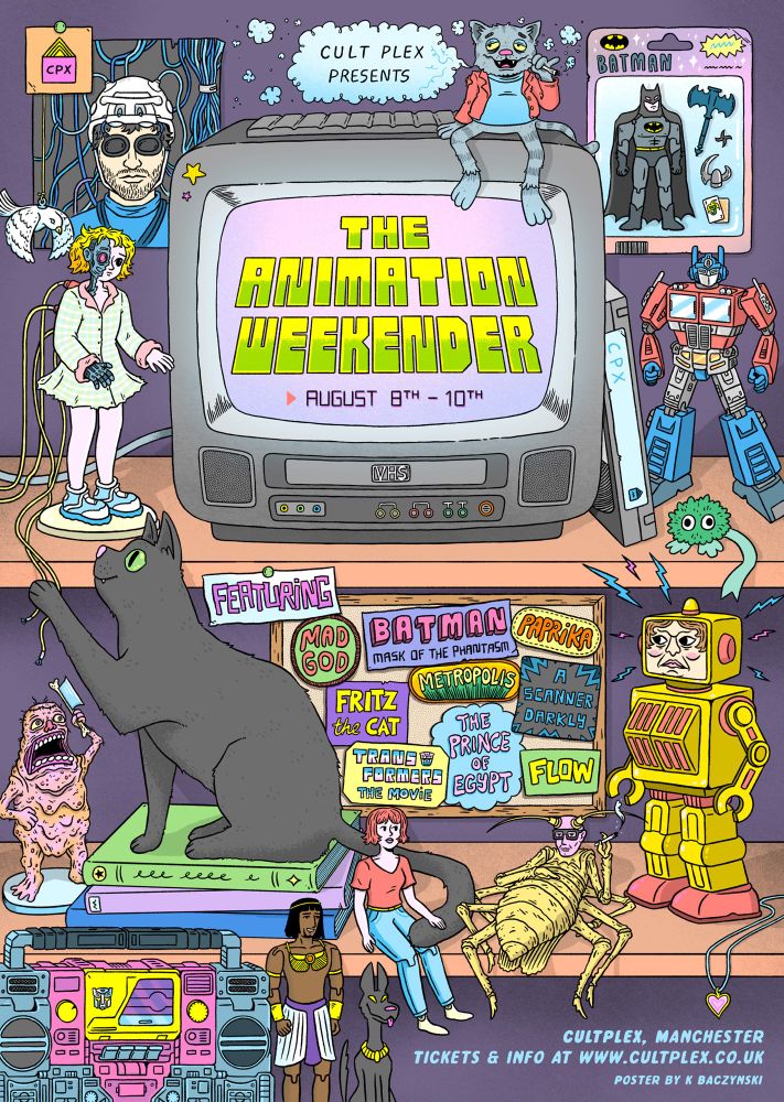 Illustrated bedroom shelves, stuffed full of toys and memorabilia. A VHS TV screen glows in the middle, displaying a title screen that says ‘The Animation Weekender’. Around this are transformers, the cat from Flow, action figures from Batman and Prince of Egypt, toys from Paprika and figurines from Mad God, Fritz The Cat and Metropolis. 