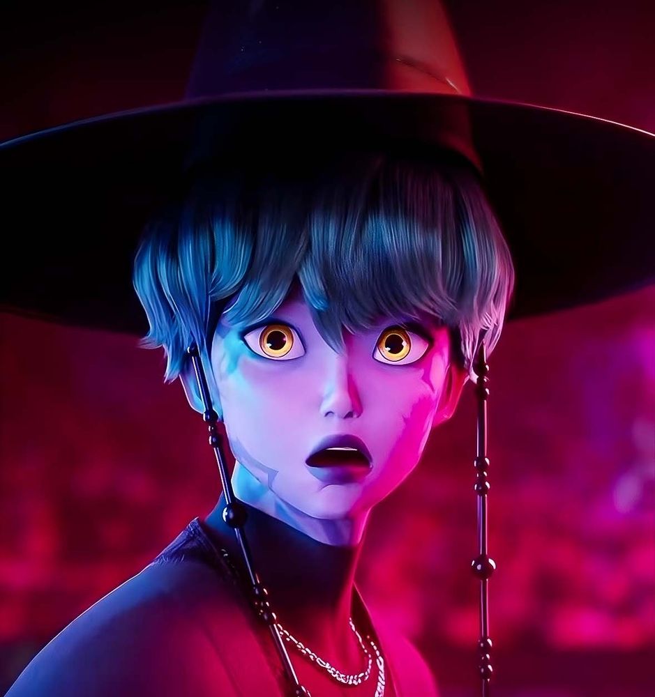 a half demonic Baby Saja looking shocked. eyes light up yellow. he's wearing the black traditional Korean hat.  dramatic red lighting 