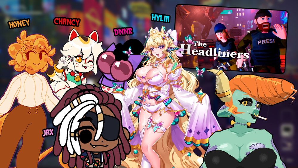 A thumbnail featuring the Vtubers FunkleLogan, NeonJax, HoneySlimeLive, ChancyMancey, Hylia, and DnnrPants with a screenshot of Headliners and its keyart behind them