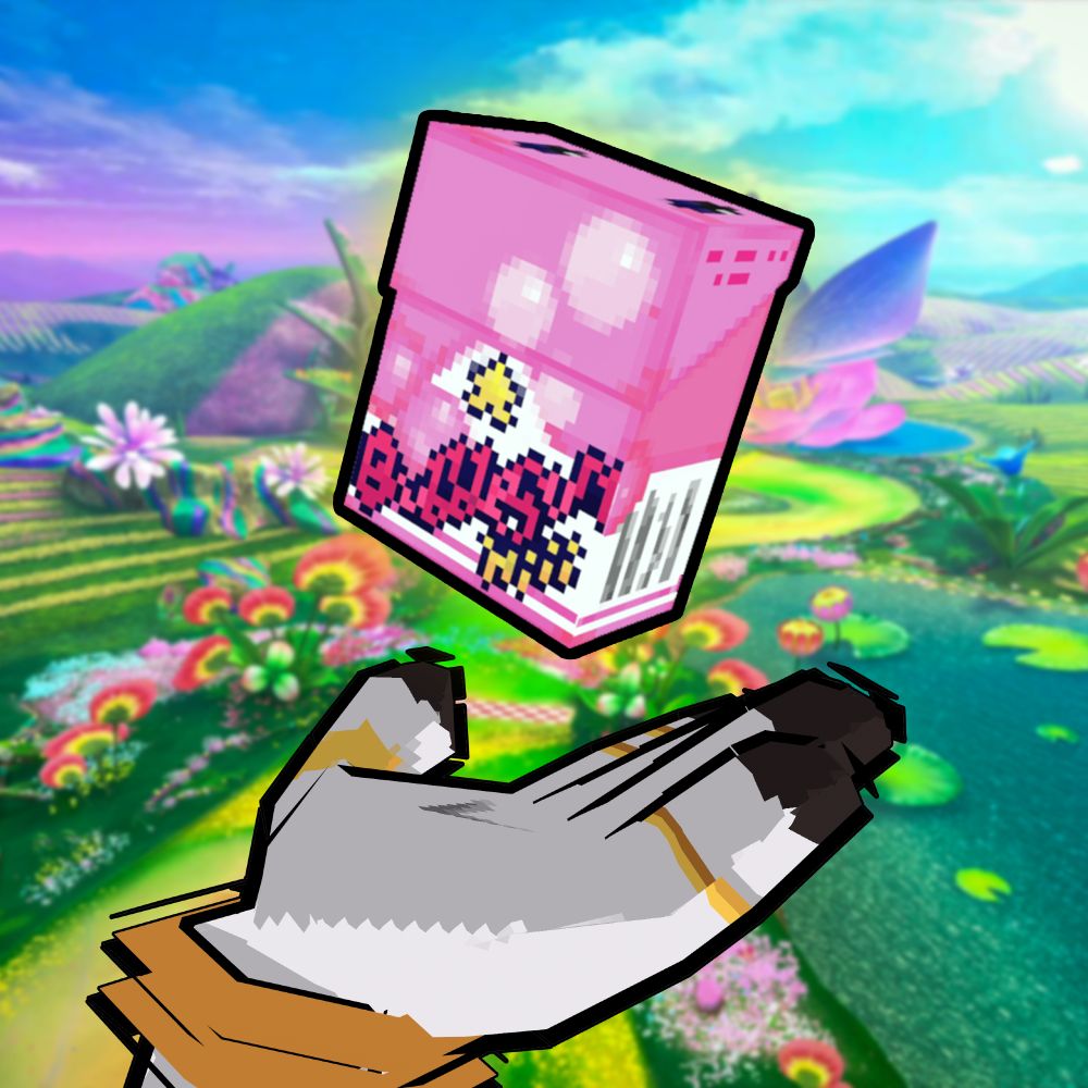 A cigarette carton that's pink, covered in bubblegum, and stars to look like Kirby. FunkleLogan's Hand with jewlry is beneath it, holding it up

Background is a Kirby Air Riders track