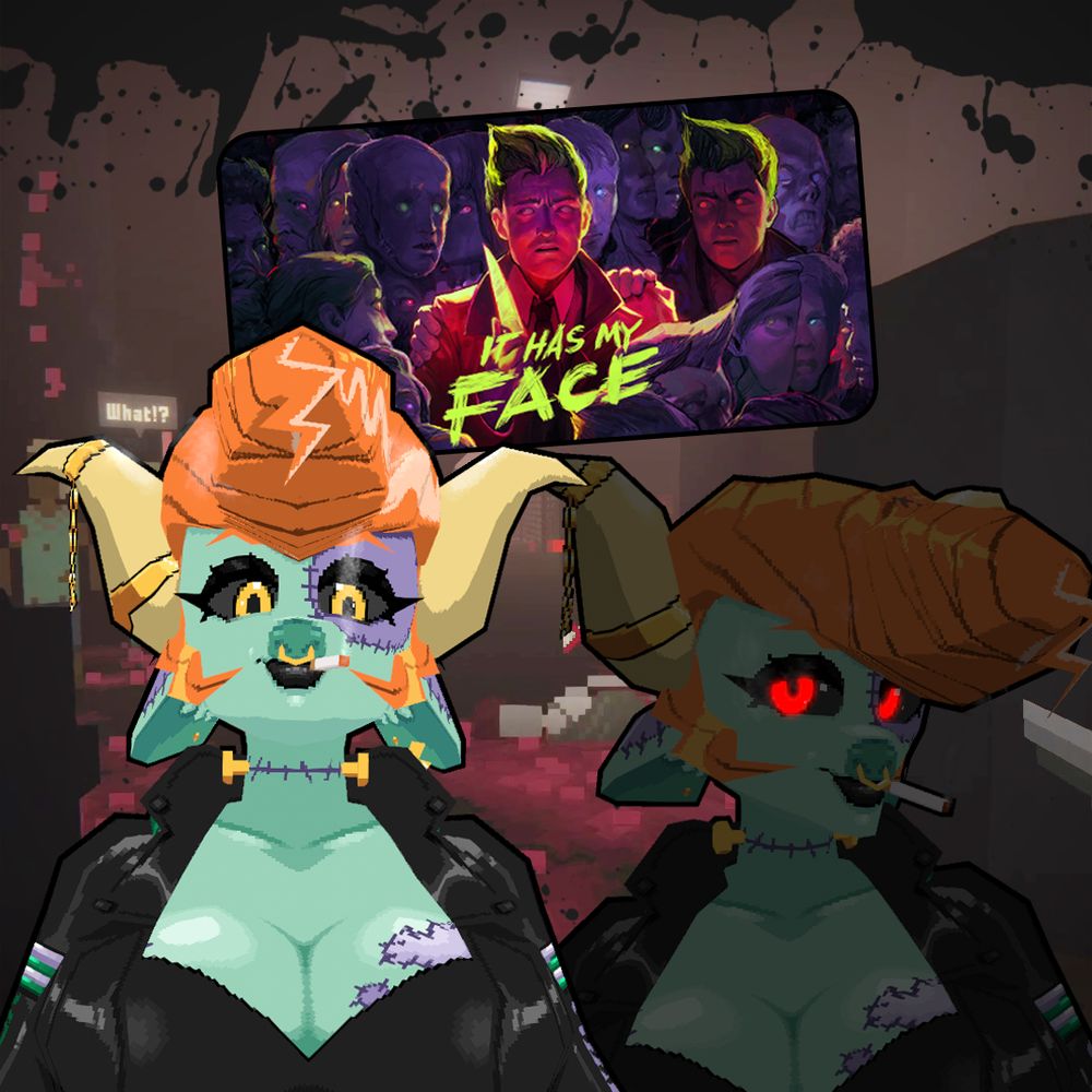 A thumbnail of the vtuber FunkleLogan in her Halloween outfit, a green and purple spotted frankenstein-like cow, with the thumbnail of Behavior Interactive's It Has My Face behind. There's two and one has red eyes (like the video game :D)