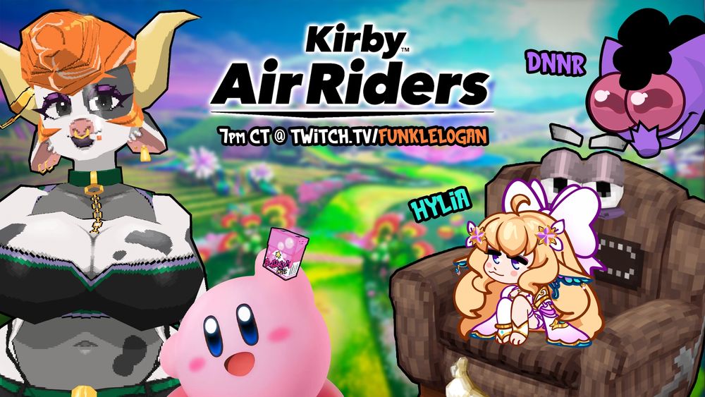 A thumbnail of the creators FunkleLogan, Hylia, and DnnrPants, with a sentient cuck chair named Chuck and kirby holding a box of cigarettes. The Kirby Air Riders logo is centered with "7pm CT @ twitch.tv/funklelogan" underneath it