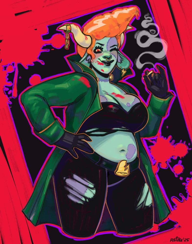 An illustration of FunkleLogan, an anthro cow Vtuber with a big orange pompadour, in her frankenstein-inspired outfit with green and purple patchwork spots, gold lightning bolt earring, bolts, nose ring, and broken chain on her horns, in ripped black clothing and a green trench coat. She's posed with a hand on her hip and holding a cigarette in one hand, while winking, and covered in some amounts of blood. 

Artwork done by Rei!