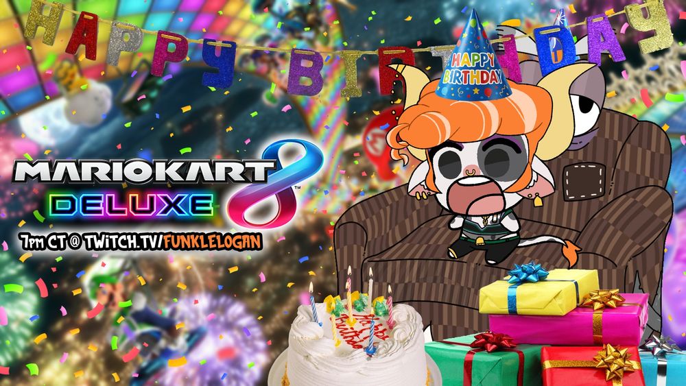 A graphic of the cow Vtuber FunkleLogan sitting on Chuck, a rareware-inspired cuck chair, surrounded by presents, cake, confetti that say happy birthday. Behind that is the Mario Kart 8 keyart and with the logo and "7pm CT @ twitch.tv/funklelogan" on it 
