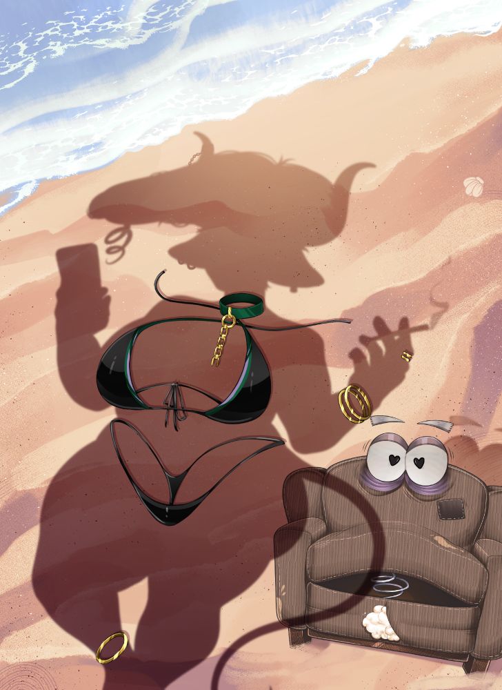 On the beach is a silhouette of FunkleLogan with a bikini top and bottom placed where they normally would be on her in the sand along with other jewelry and accessories. Chuck, a sentient brown, old chair, is staring at up with heart eyes

Art all done by NahokoVeta, go comm them!