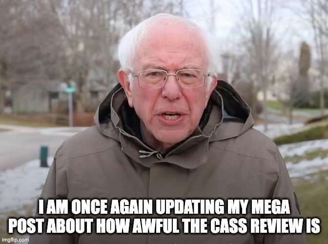Meme image of Bernie Sanders, with text that reads, I am once again updating my mega post about how awful the Cass Review is.